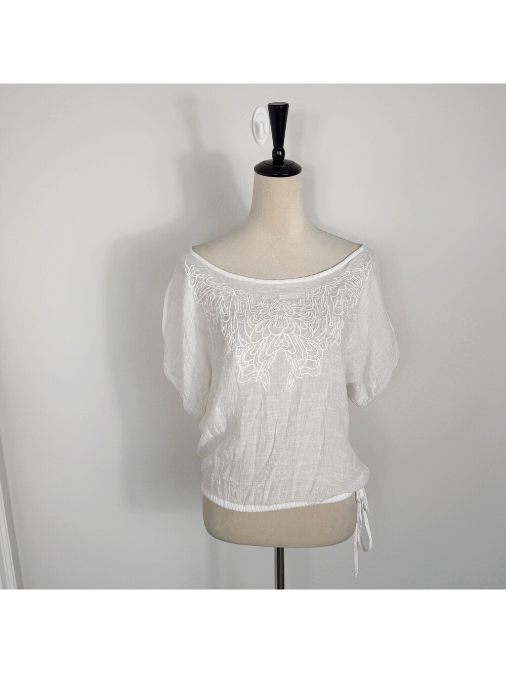 FANG Y2K Babydoll Top Flowy Boho Beaded Boatneck White Ethereal Fairy Small